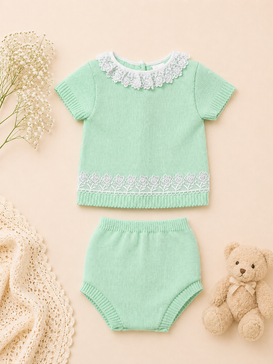 Mint green 2 piece outfit with lace collar and detailing