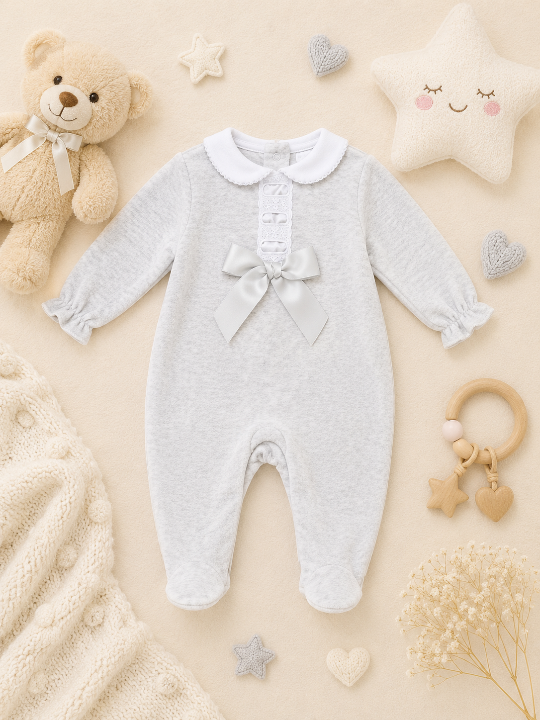 Valeria Velour Bow Sleepsuit | Baby Girl