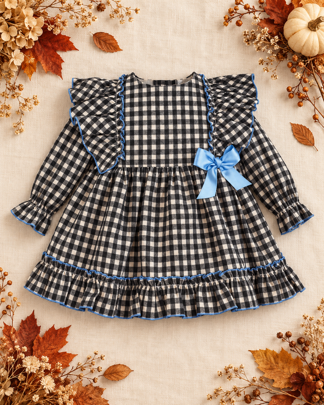 Selma Girls' Check Dress with Blue Bow | Autumn/Winter Edit