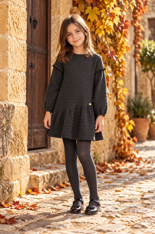 Mabel Girls' Dark Grey Textured Dress | Autumn/Winter Edit