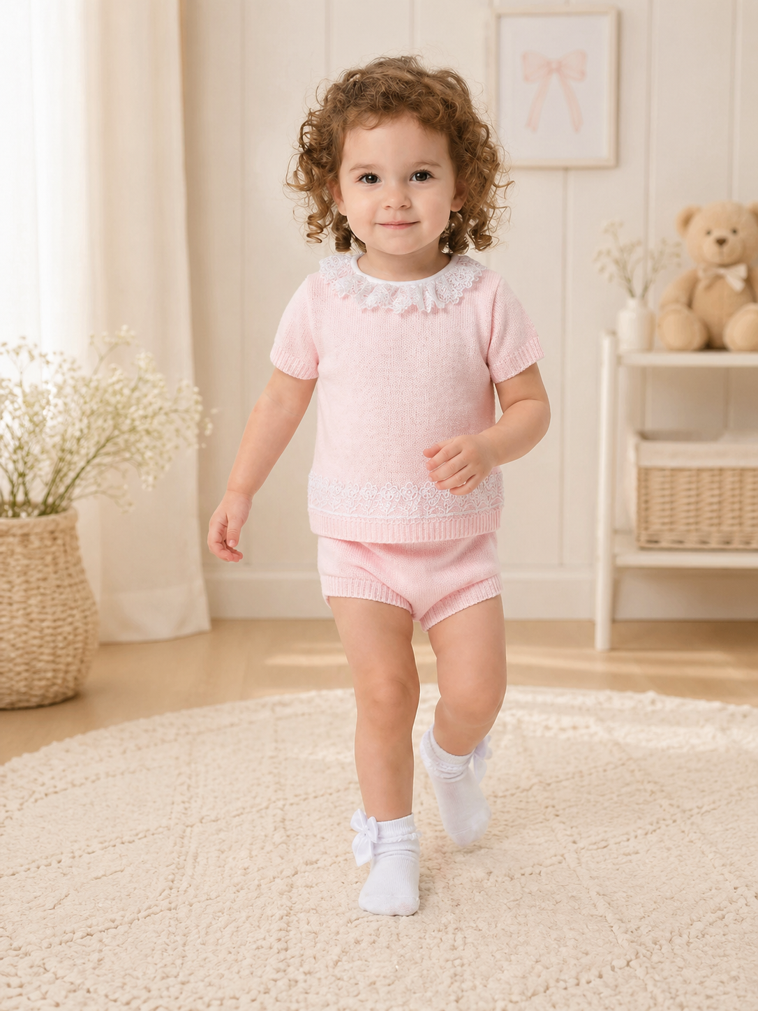 Pink 2 piece set with white lace collar and detailing