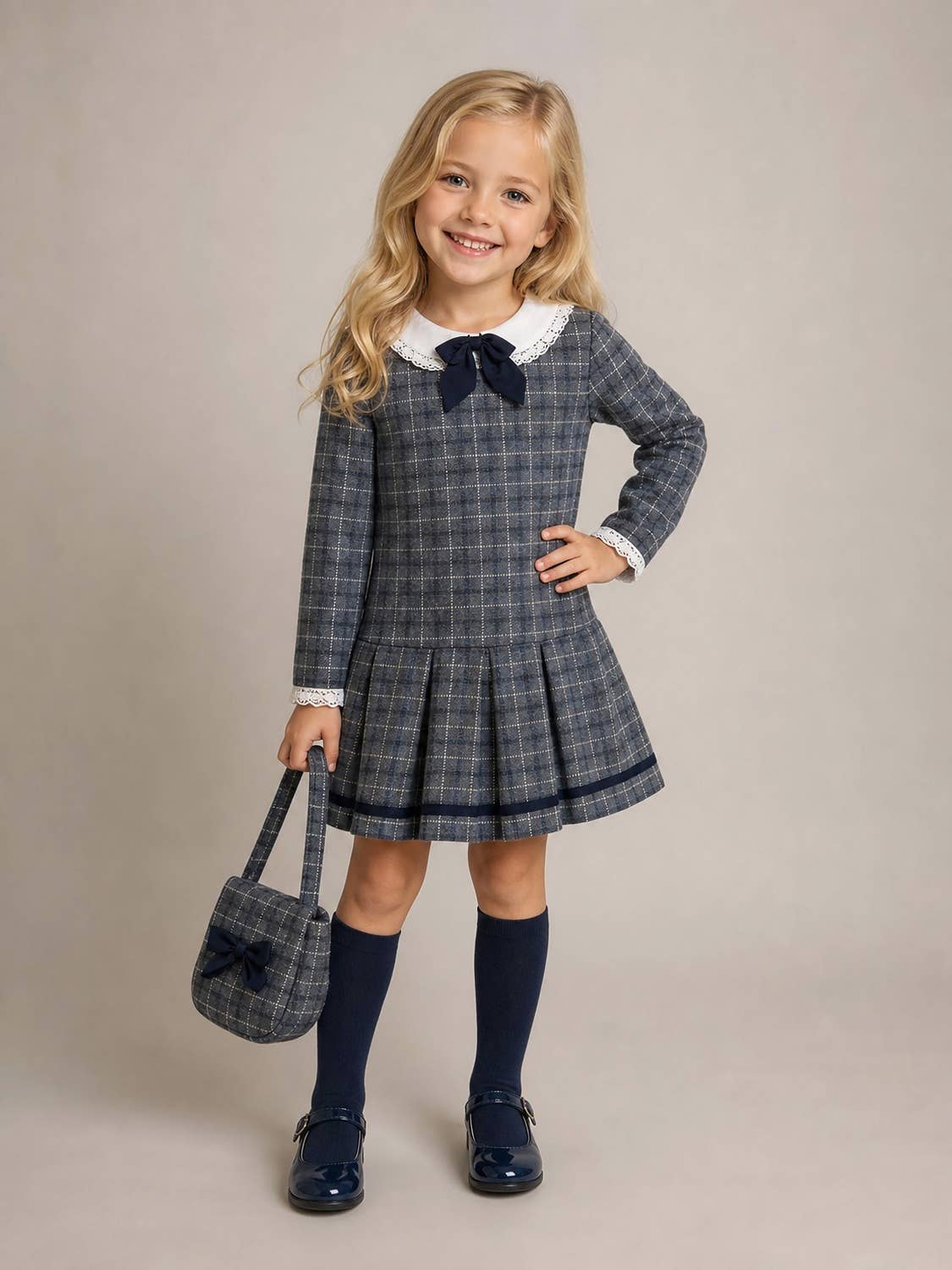 Amelie Girls Navy Check Dress with Matching Bag | Girls Autumn/Winter Edit