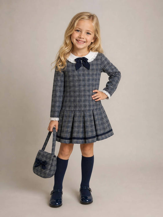 Amelie Girls Navy Check Dress with Matching Bag | Girls Autumn/Winter Edit