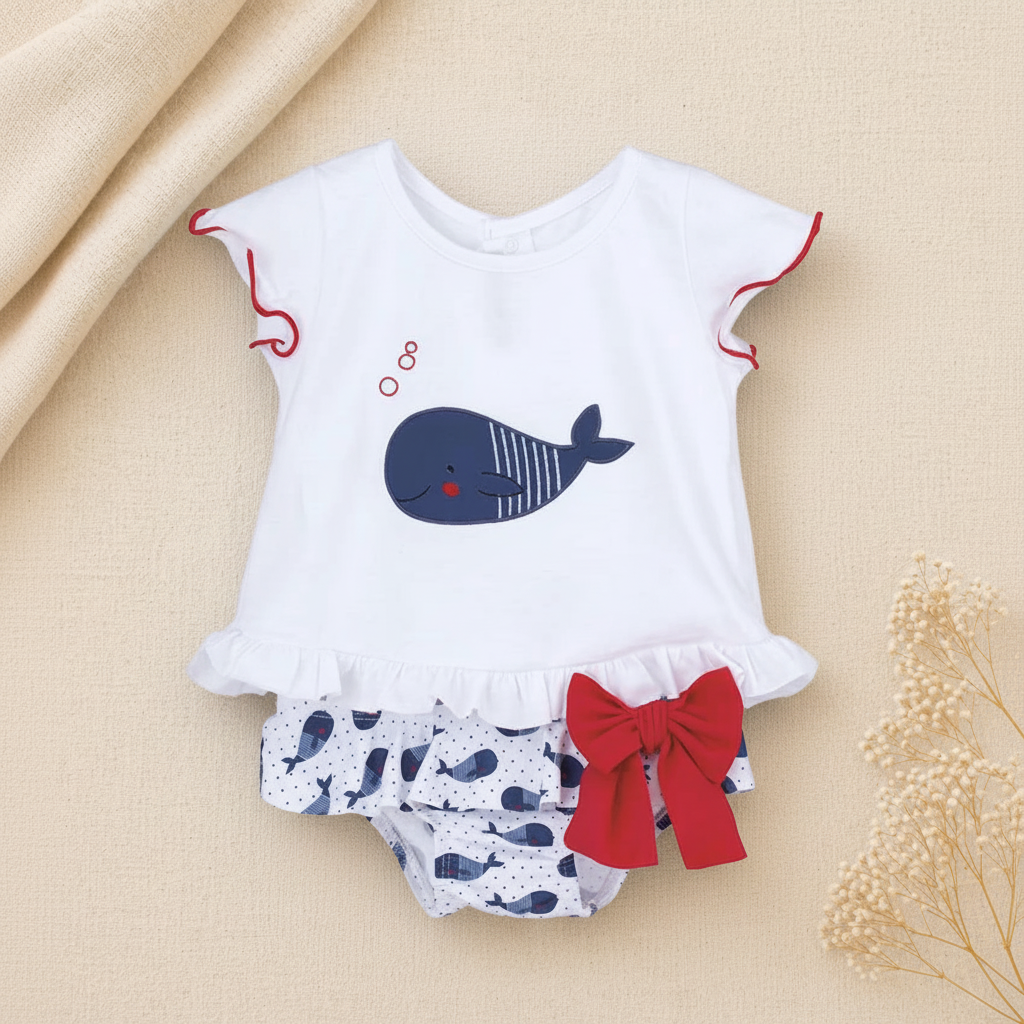 Baby whale print swimwear set with frilled bikini bottoms and red bow, soft neutral background